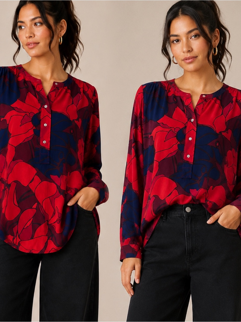 LOFT Red and Navy Floral Button-Front Blouse